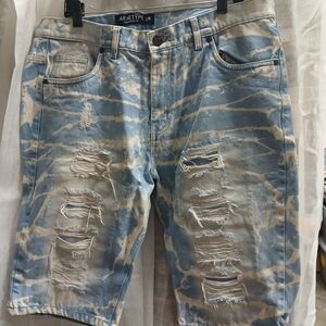 Arket Light Blue and Cream Tie-Dye Distressed Denim Shorts